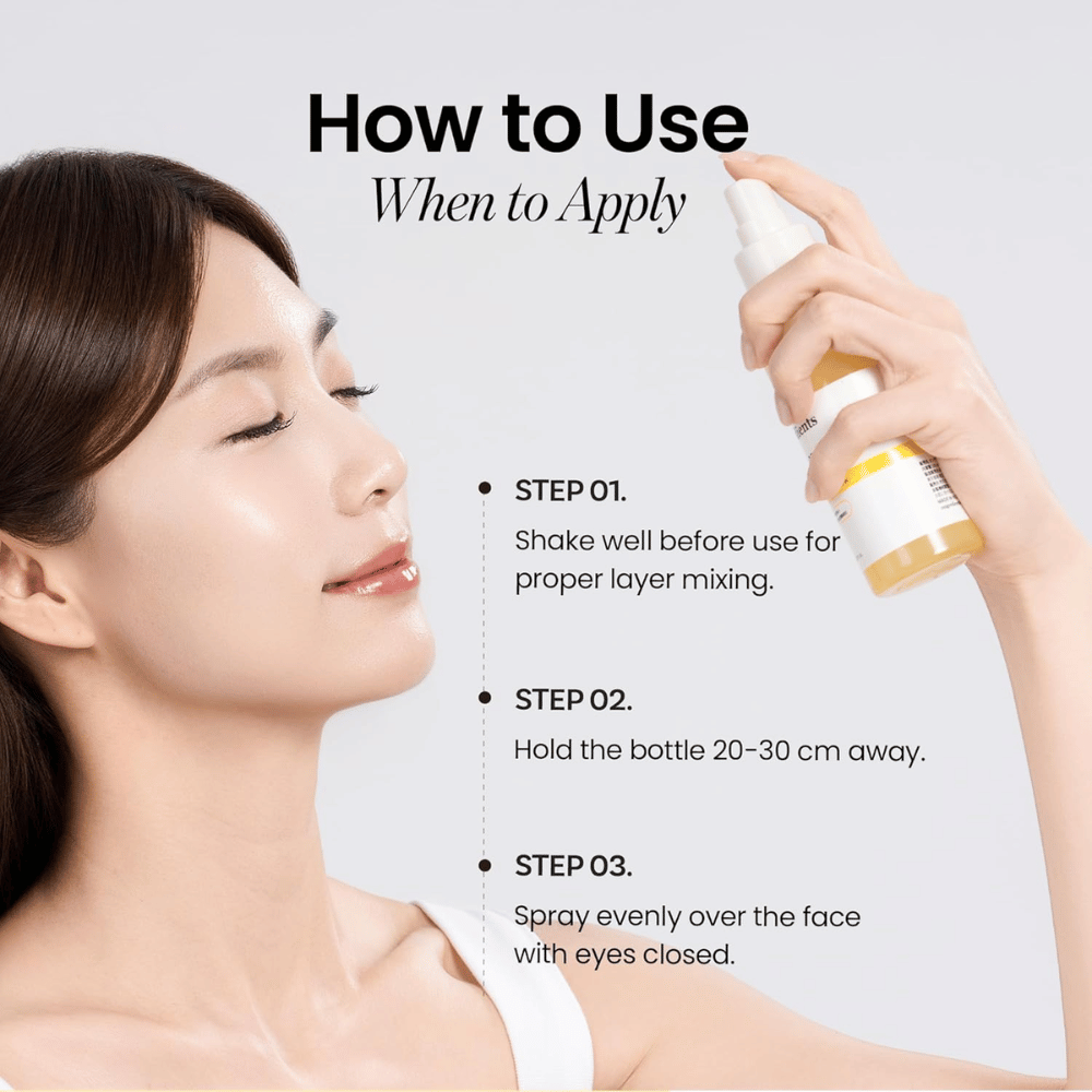 Ongredients Skin Barrier Glow Mist käytetään kasvosuihkeena 20–30 cm etäisyydeltä ihosta nopeaan kosteutukseen, hehkuun ja raikastukseen päivän aikana.