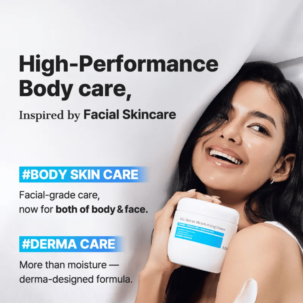 Nainen COSRX Skin Barrier Cream – voimakasta vartalonhoitoa kasvohoidon laadulla ja dermaformula.