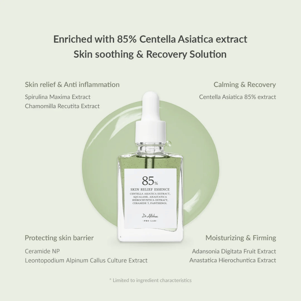Dr. Althea Skin Relief Essence on rikastettu 85 % Centella Asiatica -uutteella ja tarjoaa rauhoittavaa ja korjaavaa hoitoa. Sisältää tulehdusta ehkäiseviä ainesosia kuten spirulinaa ja kamomillaa, keramideja vahvistamaan ihon suojakerrosta sekä kosteuttavia uutteita baobabista ja anastaticasta. Täydellinen herkälle, punaiselle ja stressaantuneelle iholle.