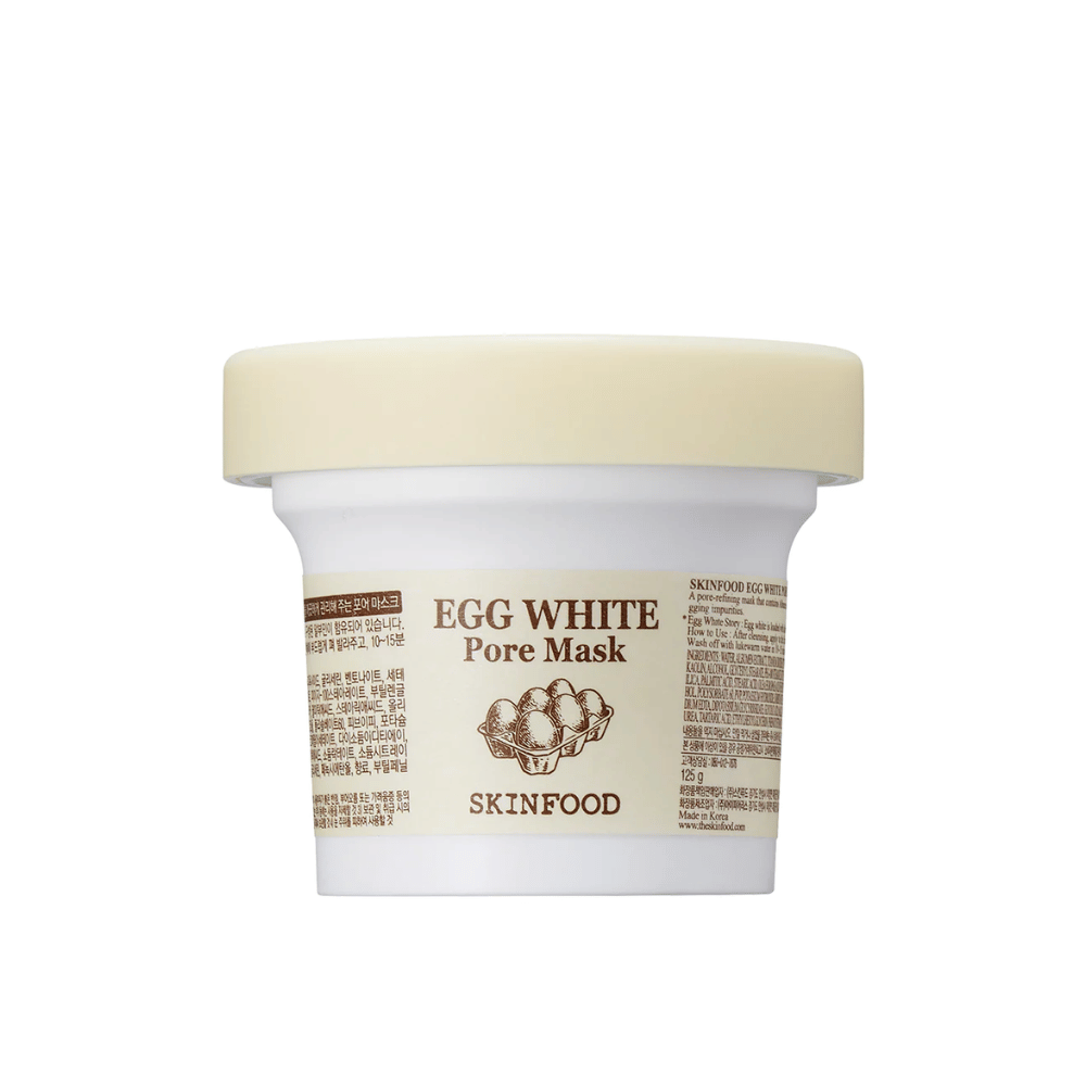 EN SKINFOOD Egg White Pore Mask 120g valkoisella taustalla, suunniteltu huokosten puhdistukseen ja ihon parantamiseen.