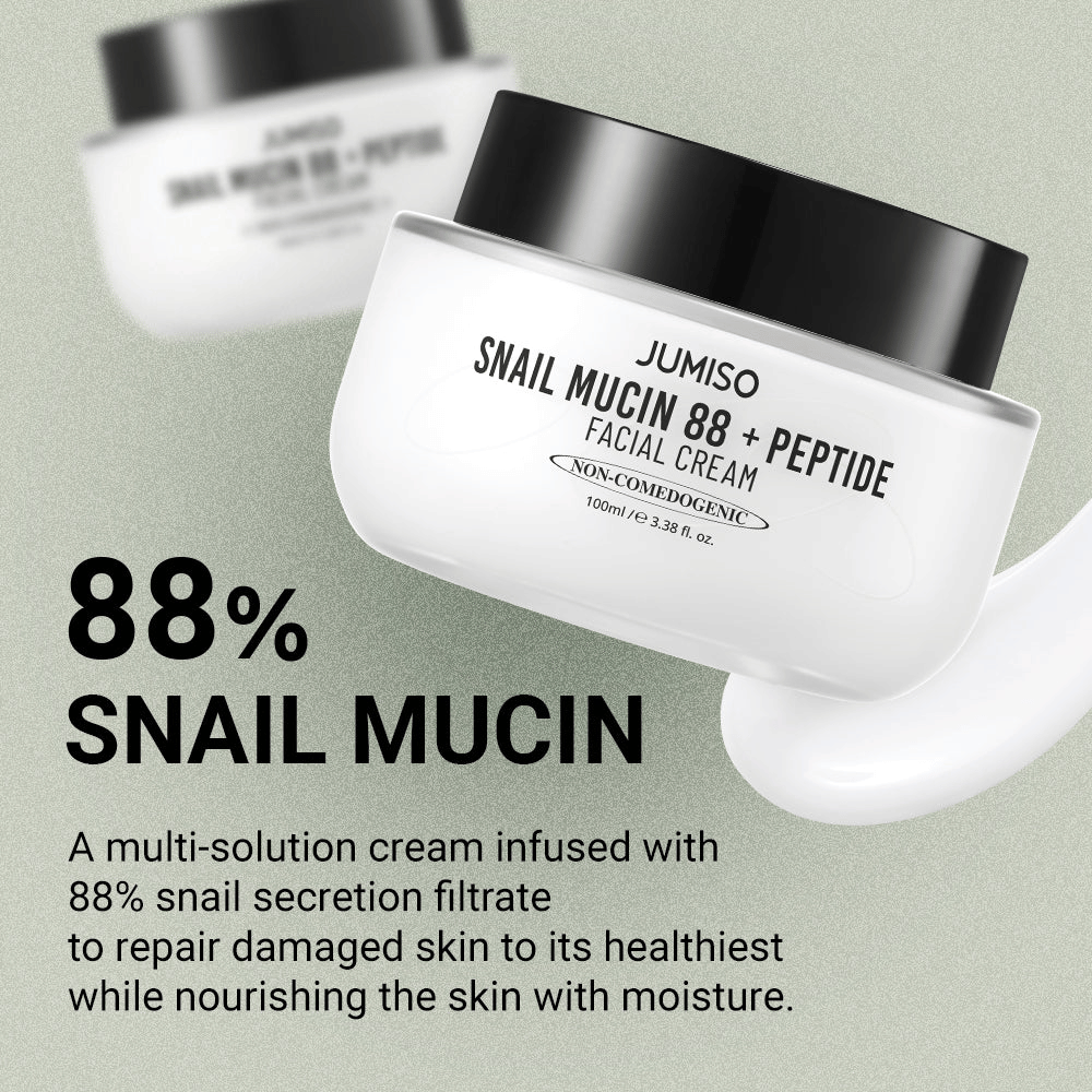 JUMISO Snail Mucin 88 + Peptide Facial Cream 88 % etanaseerumisuodoksella, suunniteltu vaurioituneen ihon korjaamiseen ja syväkosteutukseen. Kuvan teksti kuvaa sen uudelleenrakentavia ja kosteuttavia ominaisuuksia.