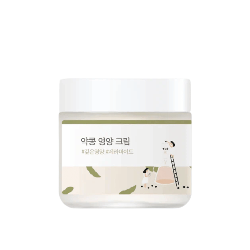 Mixsoon Soybean Nourishing Cream lasipurkissa, jossa on valkoinen kansi ja vihreä etiketti. Syvältä ravitseva voide kuivalle ja herkälle iholle.