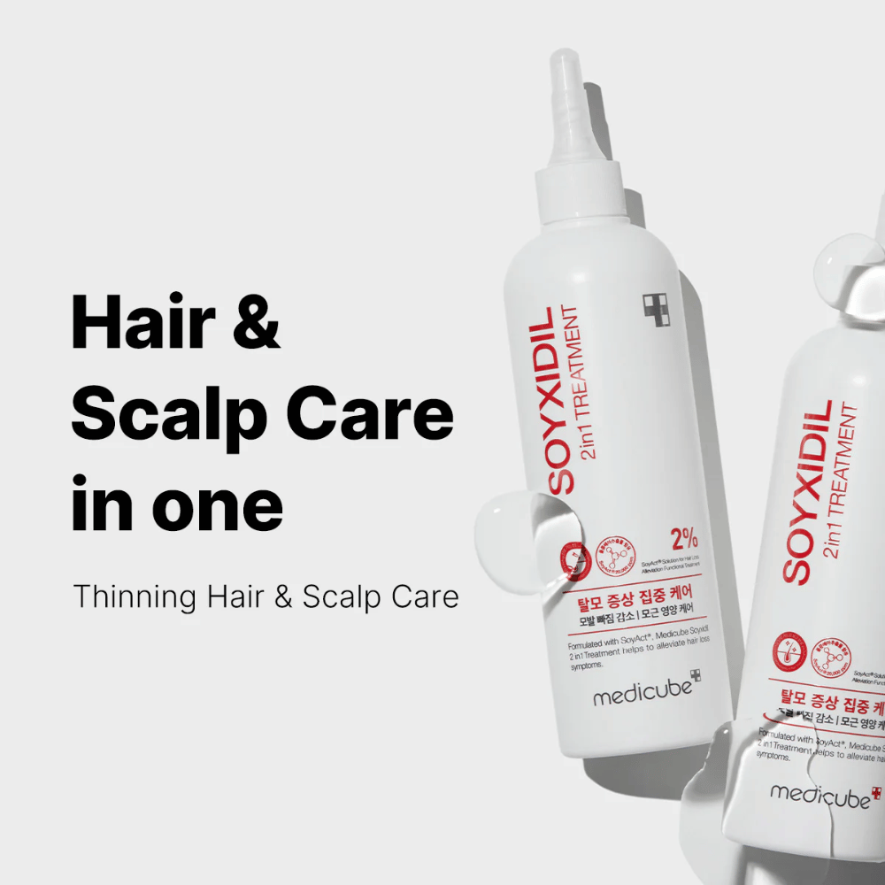 Medicube Soyxidil 2in1 Treatment näkyy tekstillä ”Hair & Scalp Care in one – Thinning Hair & Scalp Care”. Vahvemmille hiuksille ja terveemmälle hiuspohjalle.