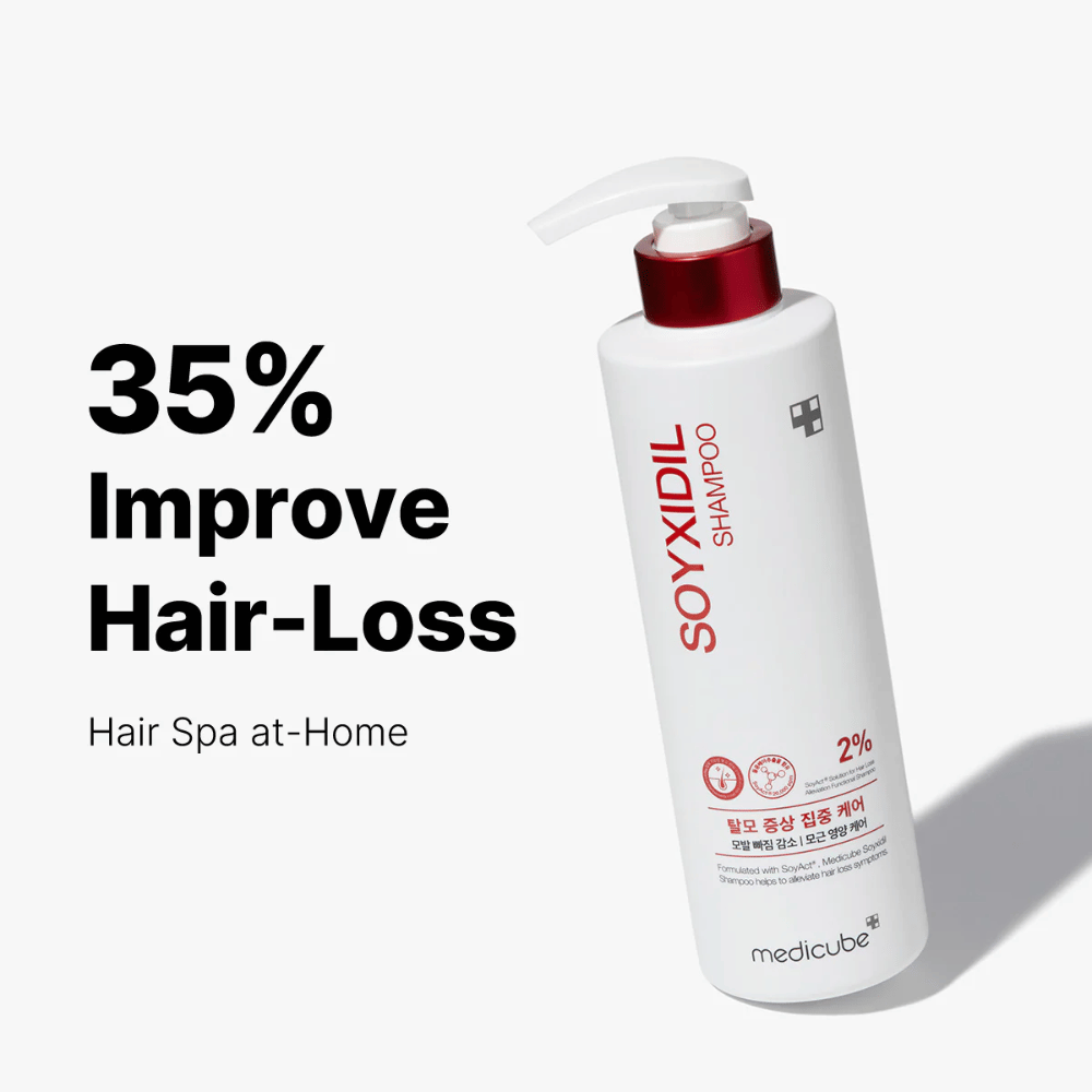 Medicube Soyxidil Shampoo näytetään tekstillä: ”35% Paranna hiustenlähtöä – Hiustenhoito kotona”. Shampoo hiustenlähtöön ja terveelle hiuspohjalle.