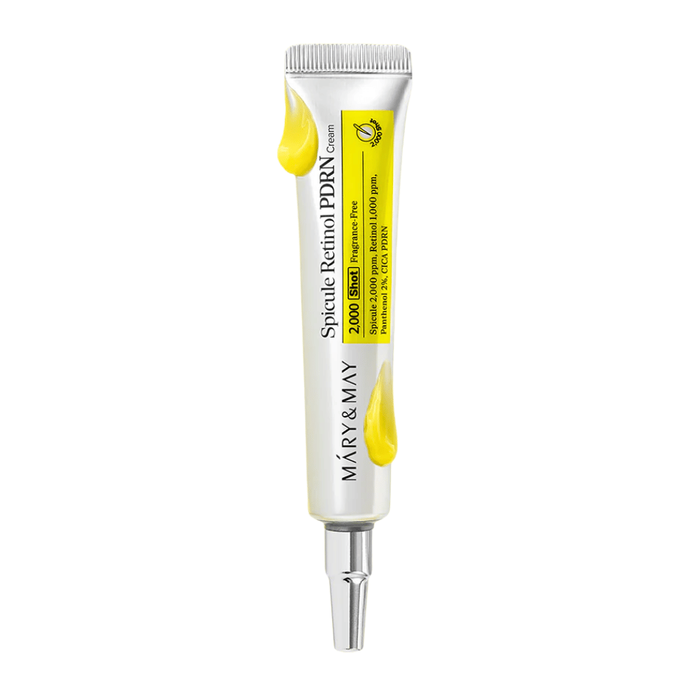 Tuotekuva MARY & MAY Spicule Retinol PDRN Cream tuubissa valkoisella taustalla, aktiivinen kasvovoide retinolilla ja PDRN, joka sopii kypsälle ja epätasaiselle iholle.
