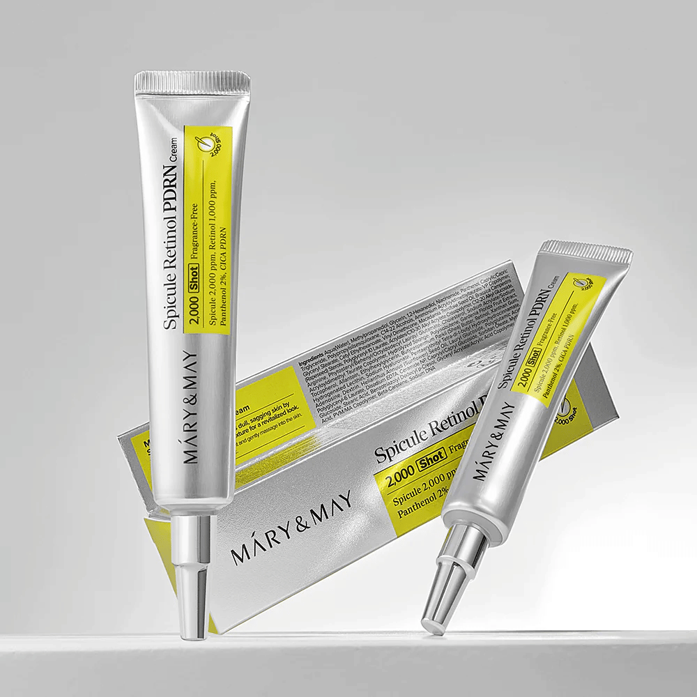 MARY & MAY Spicule Retinol PDRN Cream tuubissa yhdessä alkuperäispakkauksen kanssa, korealainen kasvovoide retinolilla ja PDRN, joka tukee ihon uudistumista.