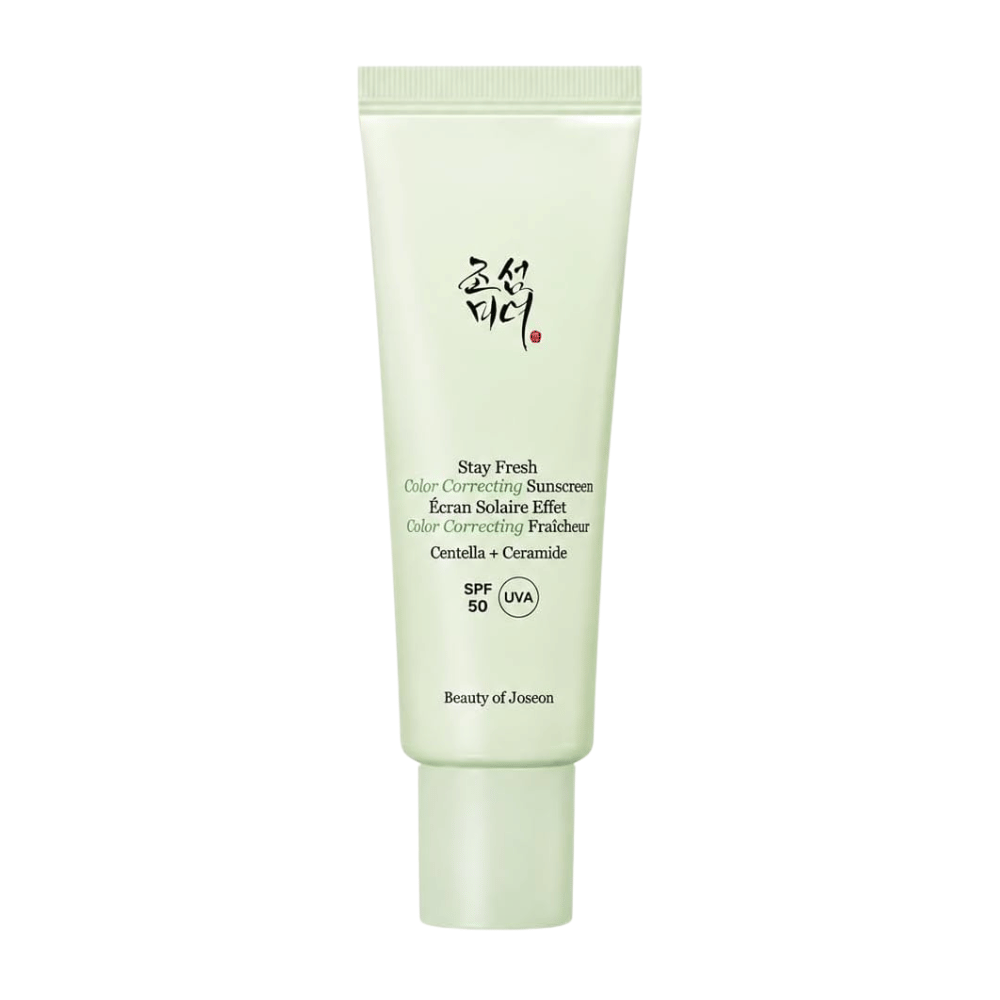 5. Beauty of Joseon Stay Fresh Color Correcting Sunscreen SPF 50 – vihreä väriä korjaava aurinkovoide valkoista taustaa vasten
