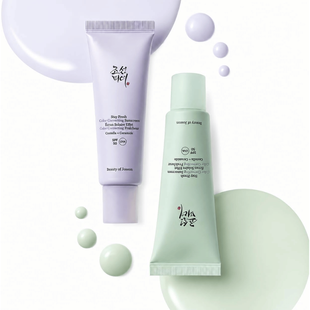 3. Beauty of Joseon Stay Fresh Color Correcting Sunscreen SPF 50 – vihreä ja violetti aurinkovoide värinäytteillä