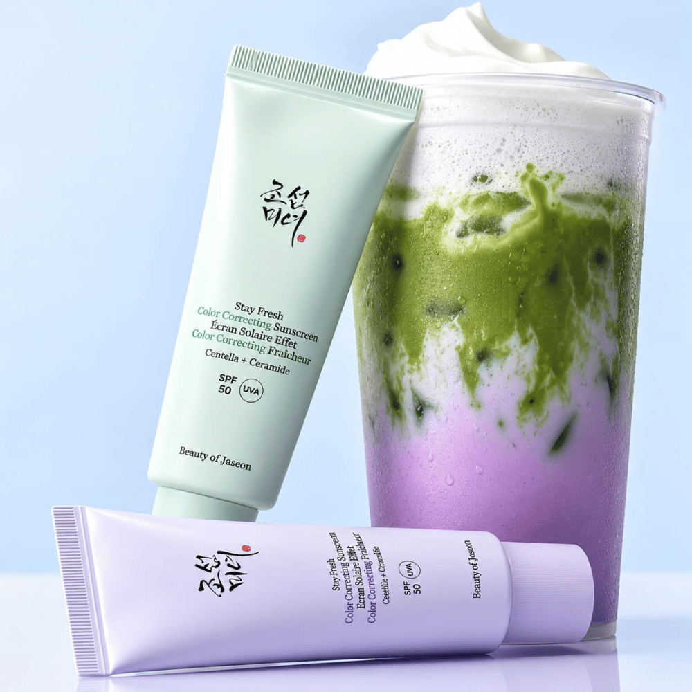 1. Beauty of Joseon Stay Fresh Color Correcting Sunscreen SPF 50 – vihreä ja violetti aurinkovoide yhteensopivan juoman kanssa