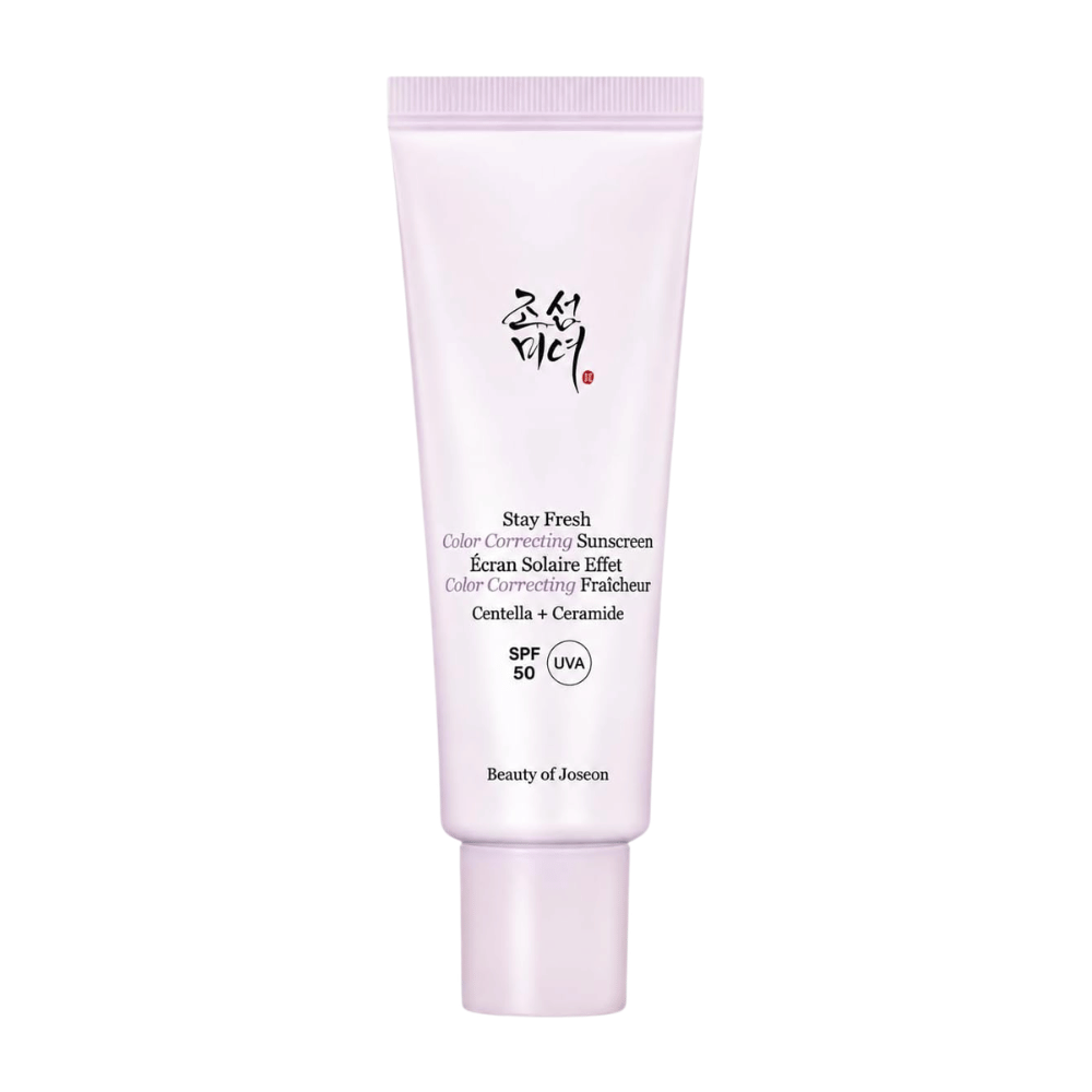 4. Beauty of Joseon Stay Fresh Color Correcting Sunscreen SPF 50 – violetti väriä korjaava aurinkovoide valkoista taustaa vasten