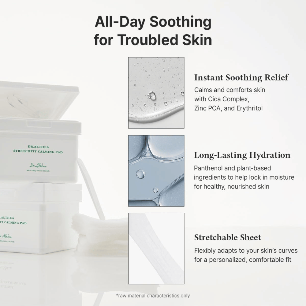 Kuva – vaikutus / hyödyt (konversio)
Dr. Althea Stretchfit Calming Pad joka antaa pitkäkestoista kosteutusta, vähentää ärsytystä ja viilentää herkkää ihoa koko päivän.