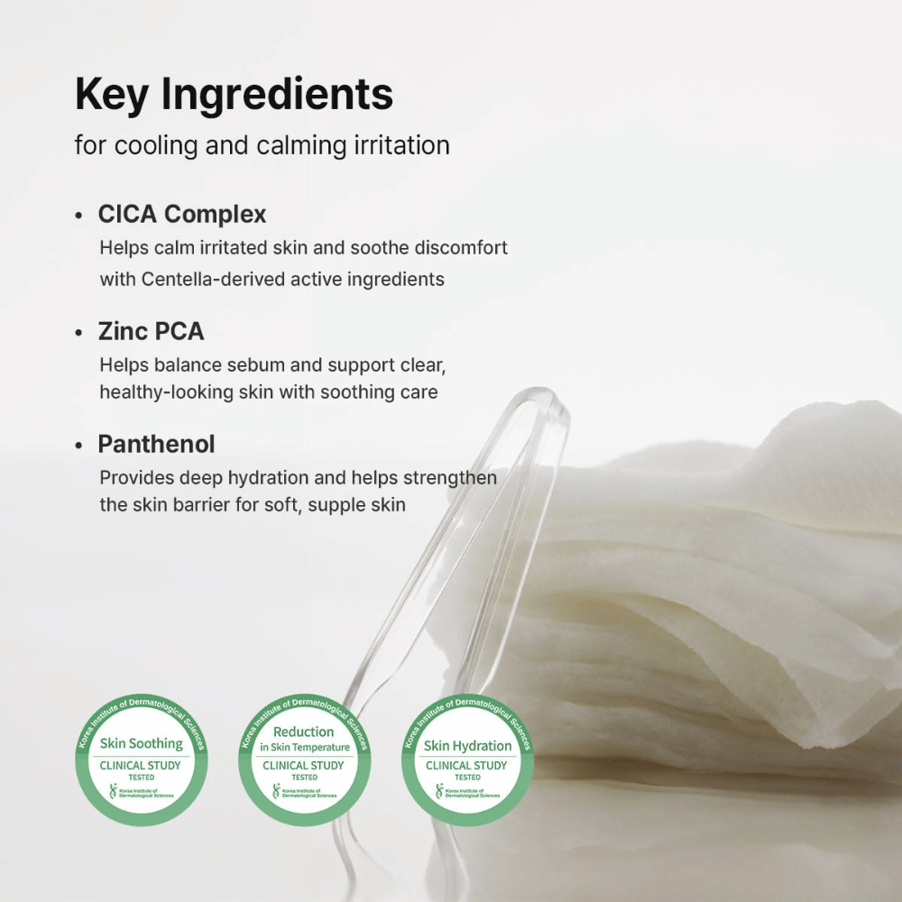 Kuva – ainesosat (EEAT + SEO)
Dr. Althea Stretchfit Calming Pad CICA Complexin, Zinc PCA:n ja Panthenolin kanssa, jotka rauhoittavat ihoa, tasapainottavat talia ja vahvistavat ihon suojamuuria.