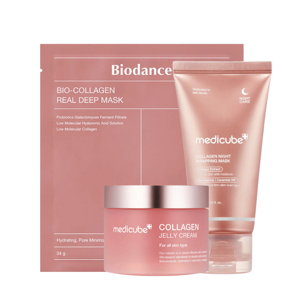 Tuotesarja "Sweet Dreams Skincare" Medicube:ltä, suunniteltu parantamaan ihon kiinteyttä ja hehkua yön aikana. Se sisältää "Collagen Jelly Cream", "Collagen Night Wrapping Mask" ja "Bio-Collagen Real Deep Mask". Nämä tuotteet on rikastettu kollageenilla, probiooteilla ja hyaluronihapolla, ja ne on tarkoitettu kosteuttamaan ja minimoimaan ihohuokosia, antaen pehmeän ja sileän ihon.