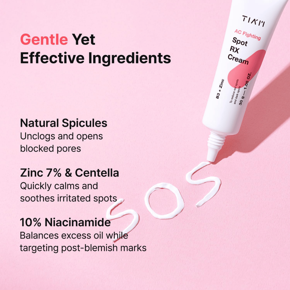 TIA'M AC Fighting Spot RX Cream sinkillä, niasiiniamidilla ja centellalla – rauhoittaa, tasapainottaa talia ja vähentää punaisia läiskiä.
