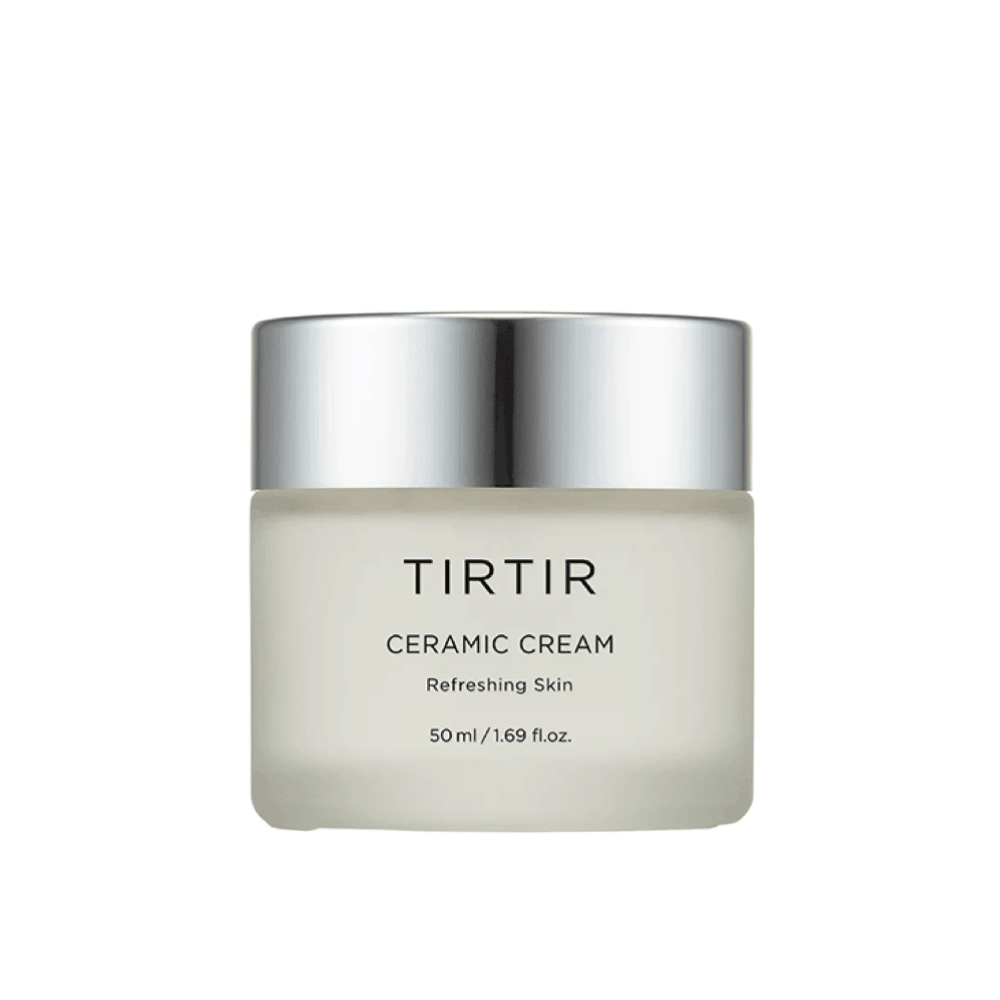 Purkillinen TIRTIR Ceramic Cream tarkoitettu "Refreshing Skin" -tuotteelle, tilavuudeltaan 50 ml / 1.69 fl oz. Purkilla on asteittainen väri valkoisesta läpinäkyvään ja hopeanvärinen kansi.