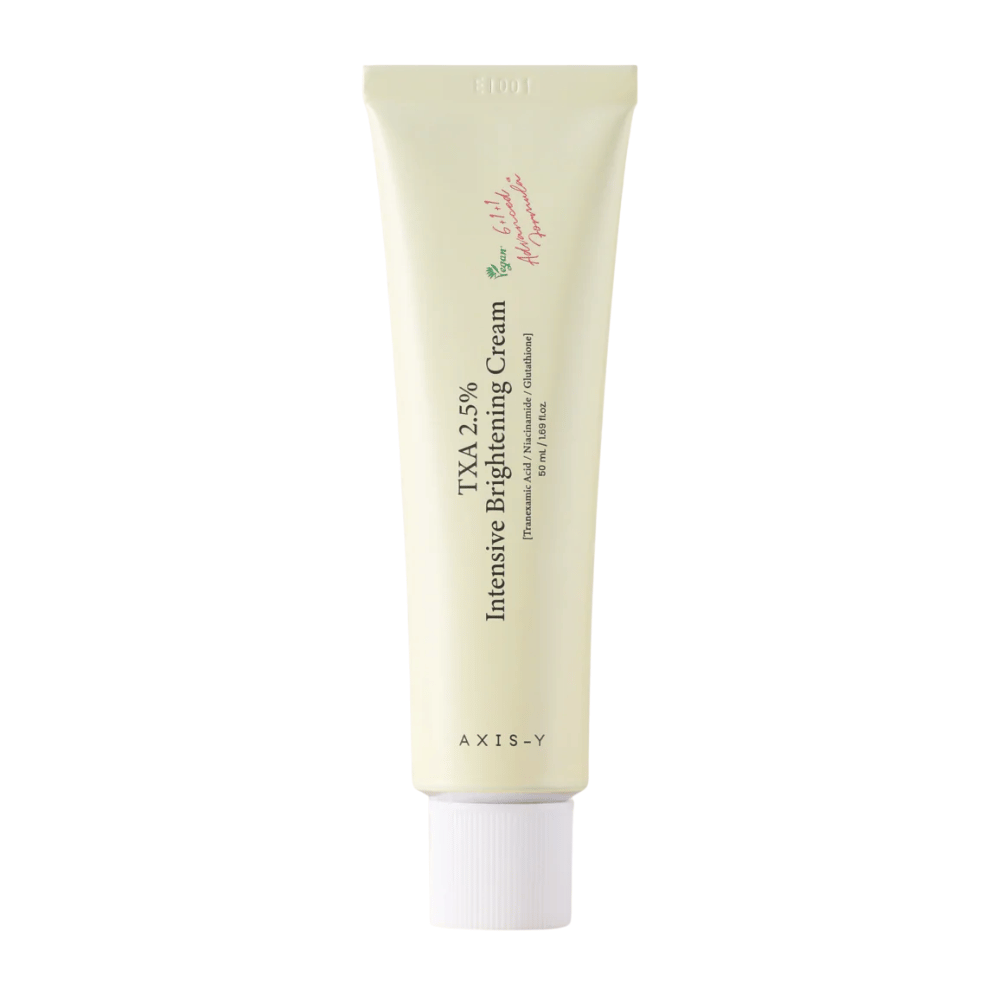 Puhdas tuotekuva tuotteesta AXIS - Y TXA 2.5% Intensive Brightening Cream pystymuodossa, painopisteenä tyylikäs muotoilu ja brightening-konsepti.