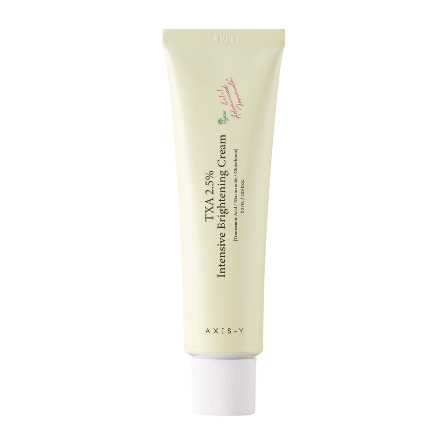 Puhdas tuotekuva tuotteesta AXIS - Y TXA 2.5% Intensive Brightening Cream pystymuodossa, painopisteenä tyylikäs muotoilu ja brightening-konsepti.
