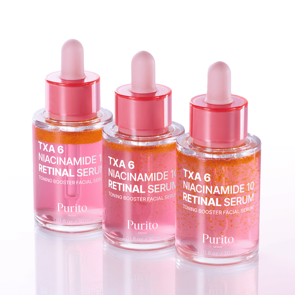 Kolme pulloa Purito TXA 6 Niacinamide 10 Retinal Serum. Hehkua antava ja tasoittava kasvoseerumi ikääntymistä vastaan.