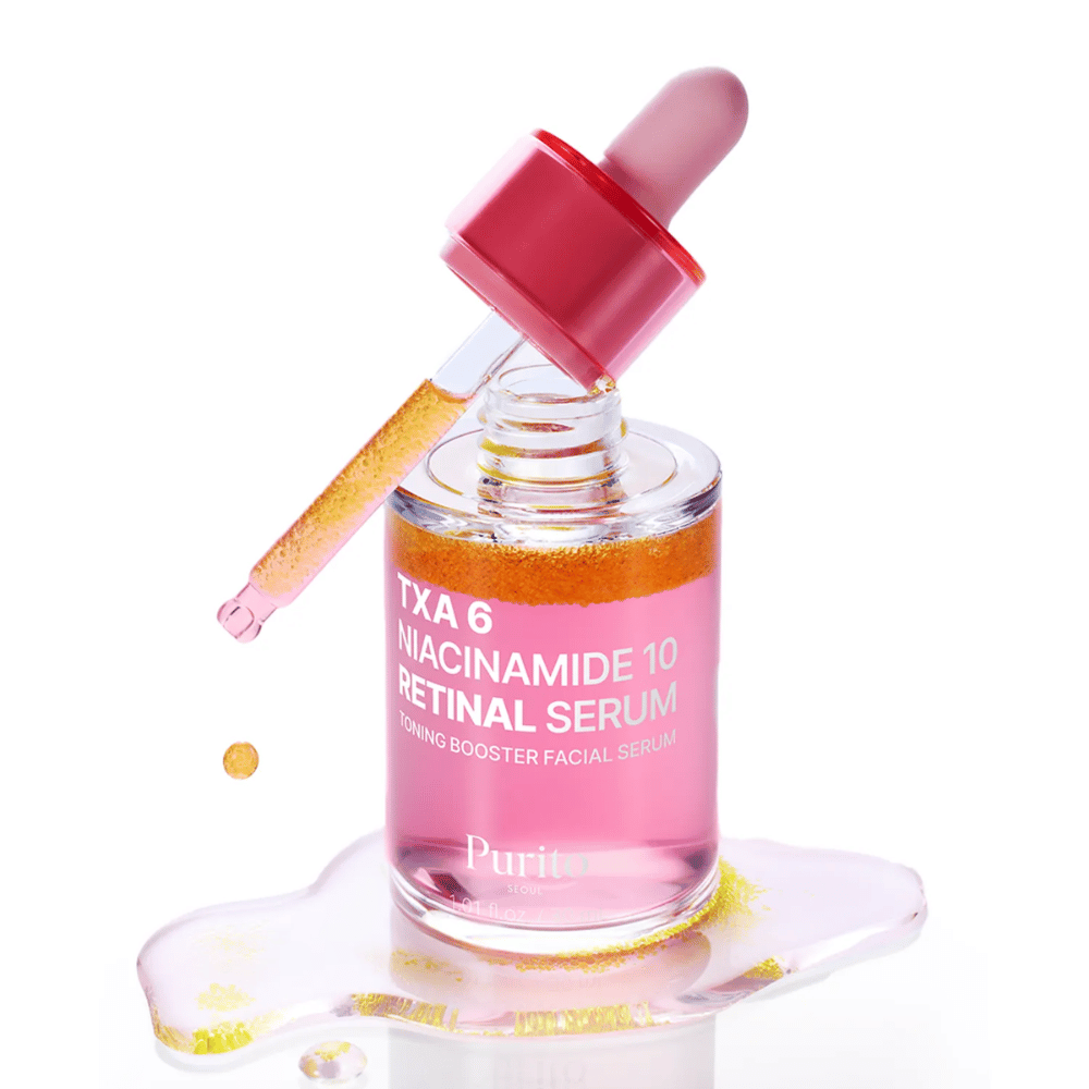 Purito TXA 6 Niacinamide 10 Retinal Serum – vaaleanpunainen toning booster -seerumi pipetillä. Yhdistää TXA:n, niasiiniamidin ja retinaalin tasaiselle ihonsävylle.