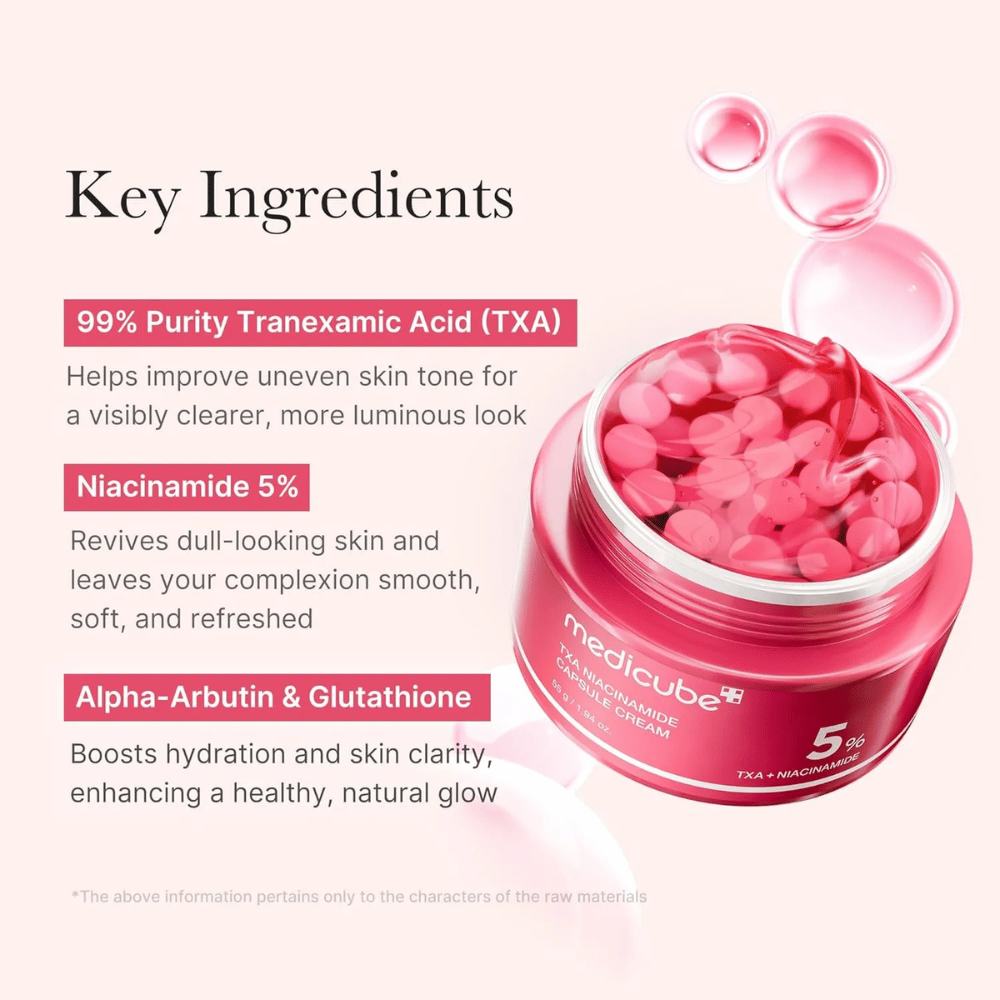 Lähikuva Medicube TXA Niacinamide Capsule Cream vaaleanpunaisilla kapseleilla purkissa, yhdessä tiedot tärkeistä ainesosista, kuten traneksaamihappo, niasiiniamidi, alfa-arbutiini ja glutationi.