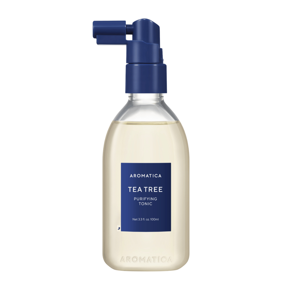 1. AROMATICA Tea Tree Purifying Tonic 100 ml – hiuspohjatonicin tuotekuva suihkusuuttimella