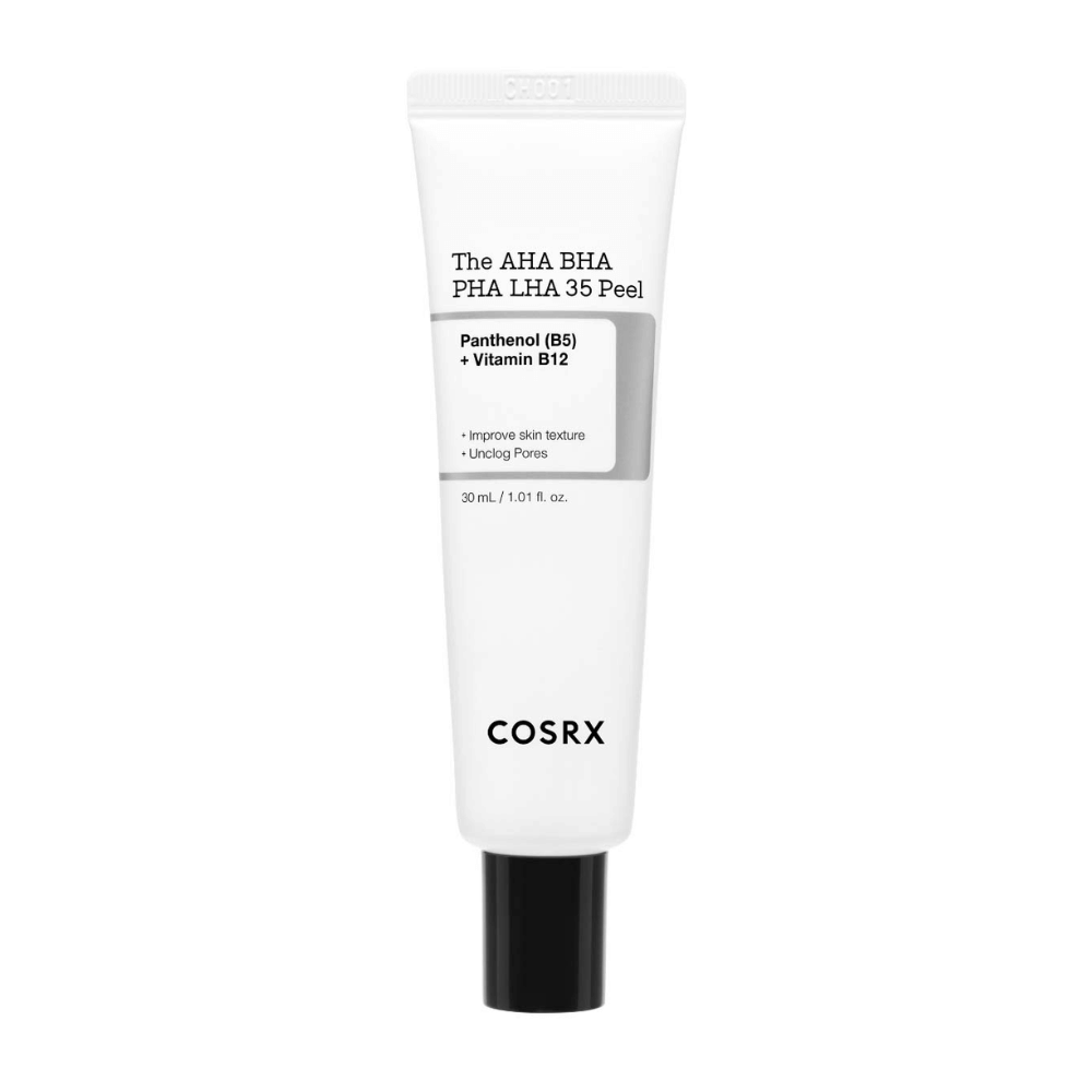 COSRX AHA BHA PHA LHA 35 Peel, kuorintatuote, joka sisältää pantenolia (B5) ja B12-vitamiinia. Parantaa ihon rakennetta ja puhdistaa tukkeutuneita huokosia. Sisältö: 30 ml.