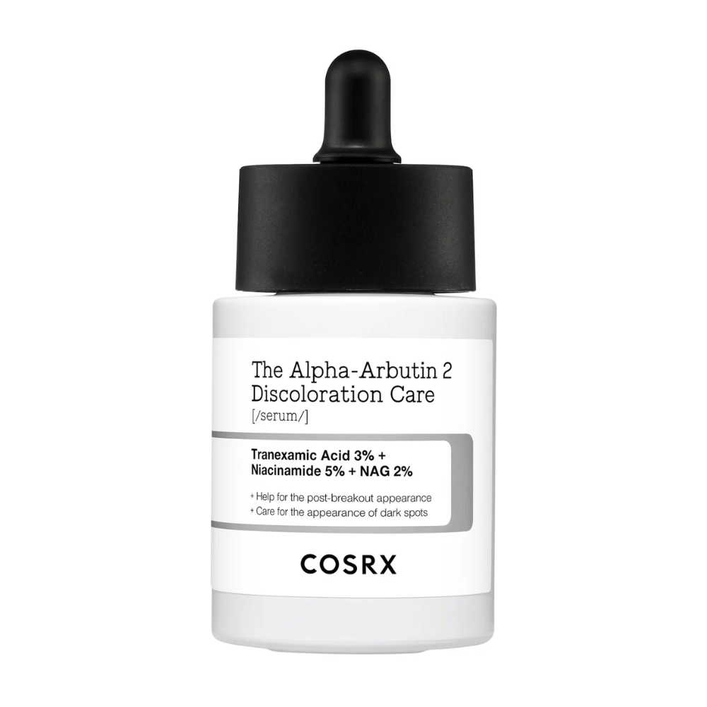 COSRX The Alpha-Arbutin 2 Discoloration Care Serum 3% traneksaamihapolla, 5% niasiiniamidilla ja 2% NAG:lla. Seerumi, joka kohdistuu tummiin läiskiin ja pigmentaatioon tasaisemman ihonsävyn ja lisääntyneen hehkun saavuttamiseksi.