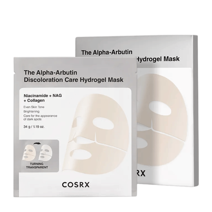 COSRX Alpha-Arbutin Discoloration Care Hydrogel Mask tuotteen kuva – hydrogeeli Sheet mask, joka keskittyy pigmenttiläiskiin, hehkuun ja parantuneeseen ihon kirkkauteen.