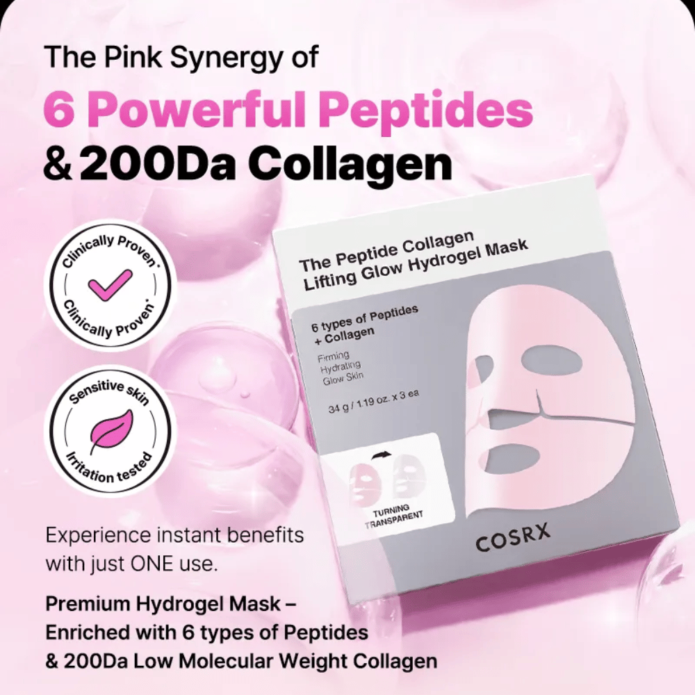 COSRX Peptide Collagen Mask – rikastettu 6 tyyppisillä peptideillä ja kollageenilla, kliinisesti testattu herkälle iholle.