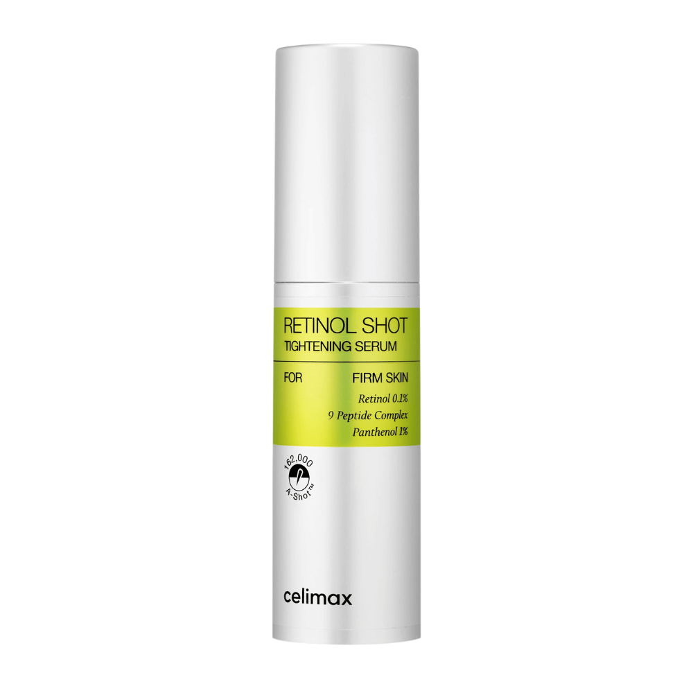 Celimax The Vita-A Retinol Shot Tightening Serum hopeanvärisessä pumppupullossa limenvihreällä etiketillä ja mustalla tekstillä.