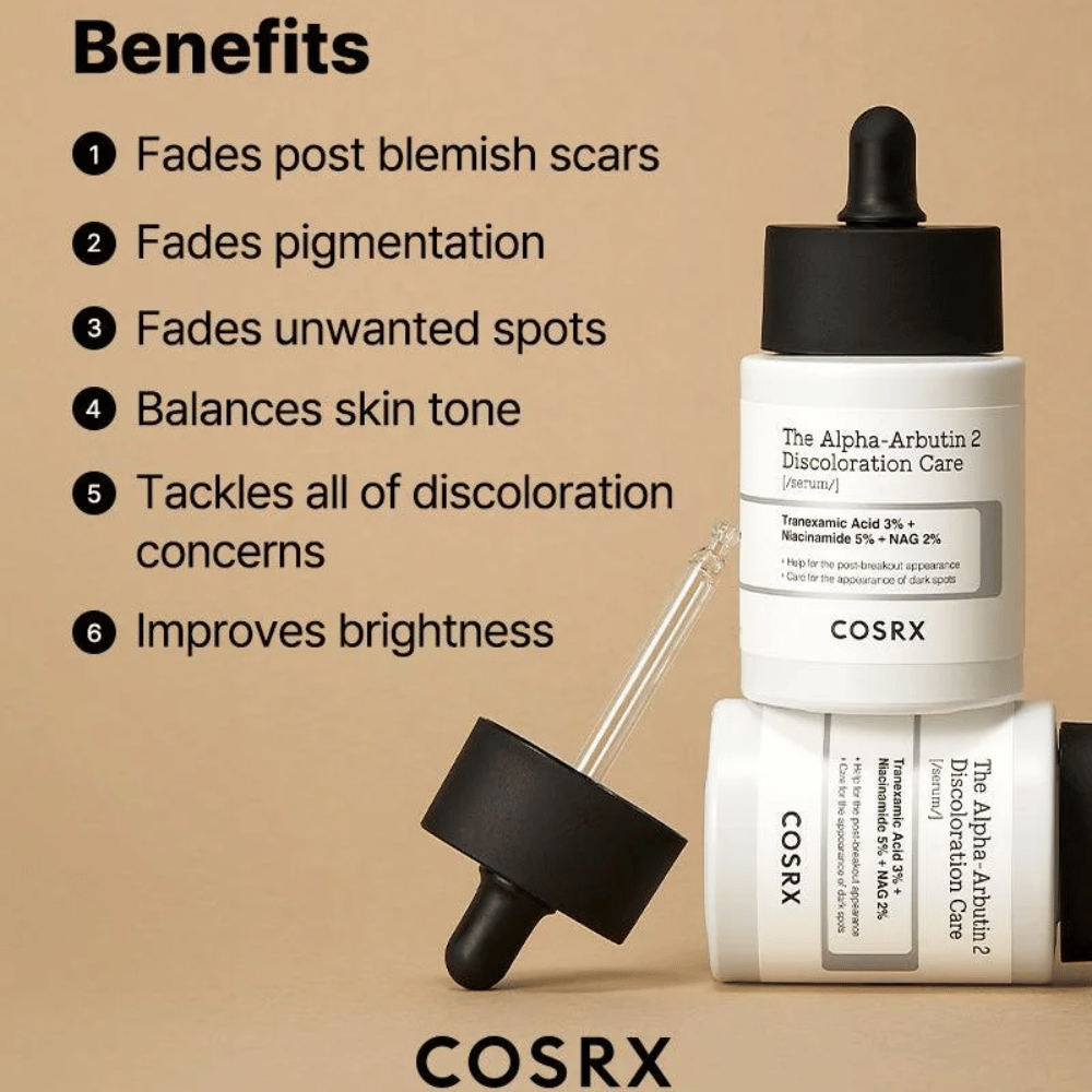 COSRX The Alpha-Arbutin 2 Discoloration Care Serum auttaa vähentämään aknearpia, vaalentamaan pigmenttiläiskiä, tasoittamaan ihonsävyä ja parantamaan ihon hehkua. Sisältää traneksaamihappoa, niasiiniamidia ja NAG:ta kirkkaamman ihon saavuttamiseksi.