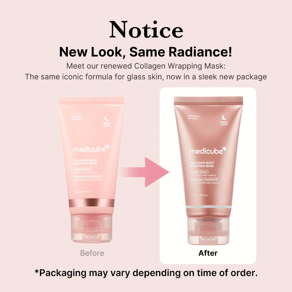 Uusi ulkonäkö, sama säteilevä lopputulos! Medicube Collagen Wrapping Maskilla on nyt uudistettu, tyylikäs pakkaus, mutta se säilyttää ikonisen koostumuksensa lasimaiselle iholle. *Pakkaus voi vaihdella tilaushetken mukaan.