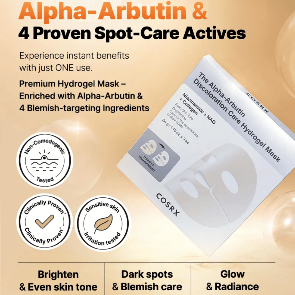 COSRX Alpha-Arbutin Discoloration Care Hydrogel Mask tuotteen kuva – korealainen Sheet mask pigmenttihäiriö, hehkua ja intensiivistä kosteutusta varten.