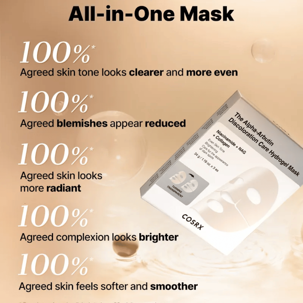 COSRX Alpha-Arbutin Discoloration Care Hydrogel Mask pakkauksella – kaikki-yhdessä Sheet mask hehkua, tasaista ihonsävyä ja vähentynyttä värimuutosta varten.