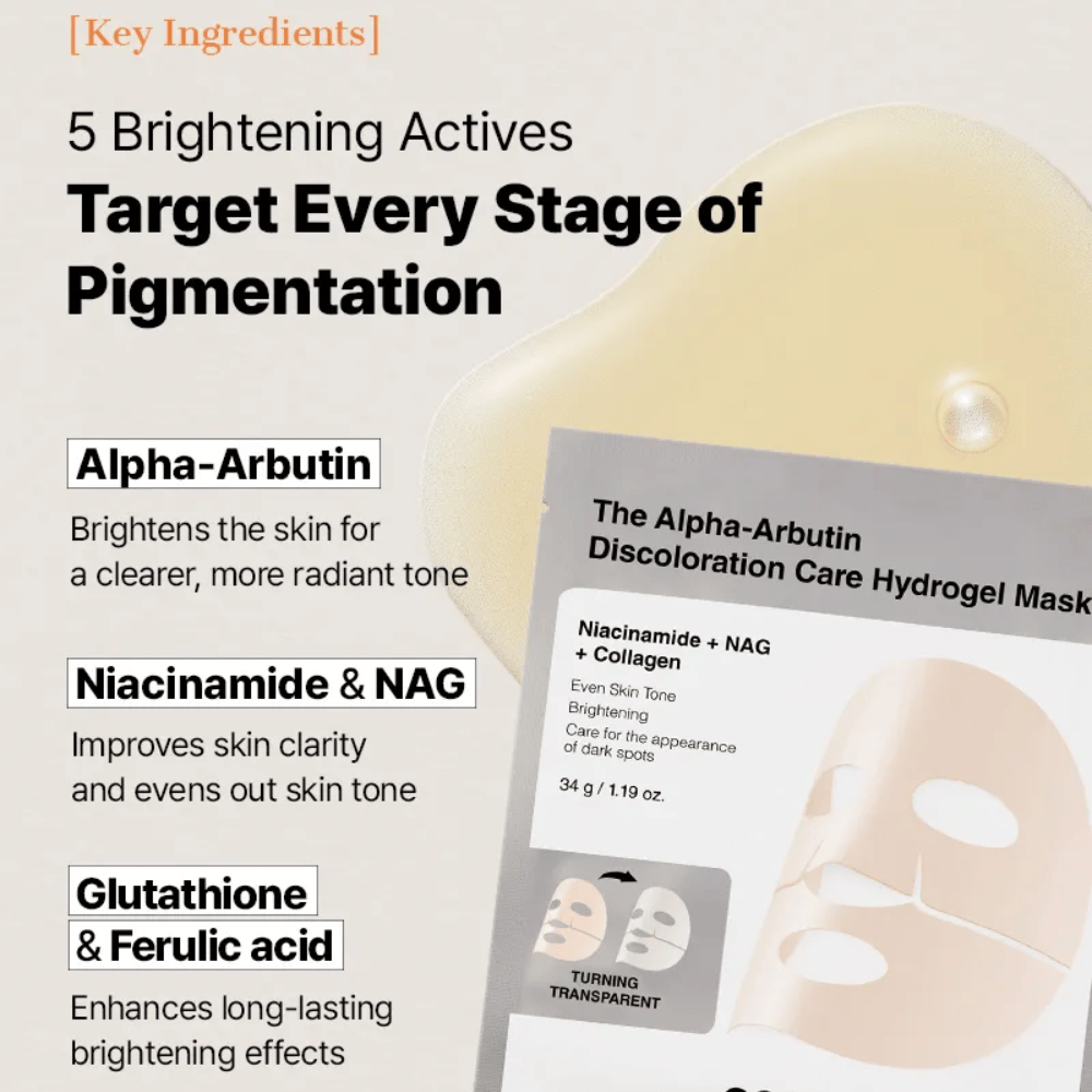 COSRX Alpha-Arbutin Discoloration Care Hydrogel Mask alpha-arbutiinin ja niasiinamidin kanssa – Sheet mask, joka auttaa vähentämään pigmenttiläiskiä ja tasoittamaan ihonsävyä.