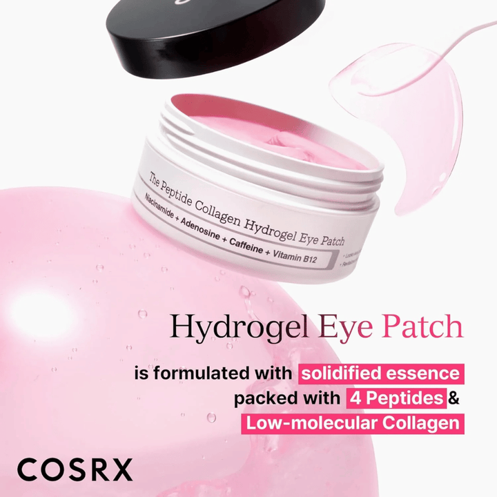 COSRX Hydrogel Eye Patch neljällä peptidillä ja matalamolekyylisellä kollageenilla kosteutettuun ja kiinteään silmänympärysihoon.