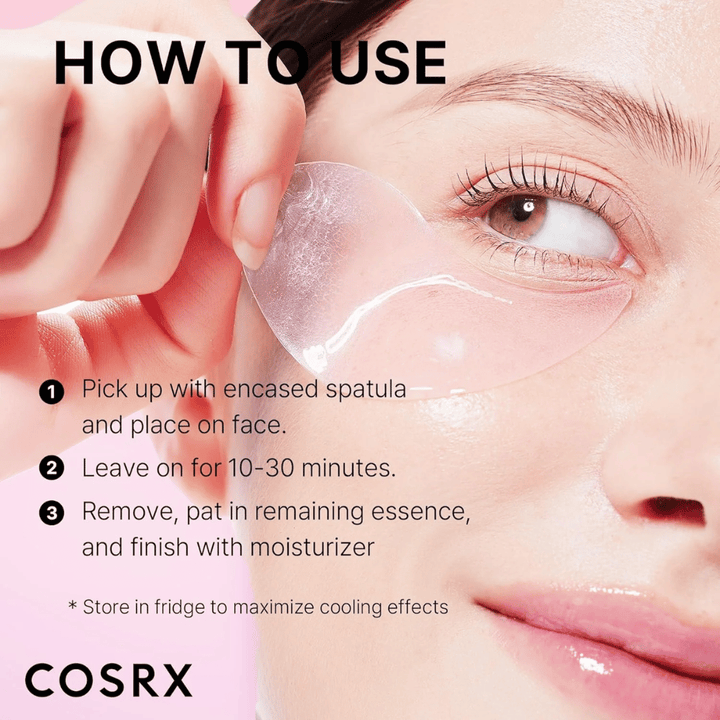 COSRX Peptide Collagen Hydrogel Eye Patch – levitä lastalla, anna vaikuttaa 10–30 minuuttia ja viimeistele kosteusvoiteella.