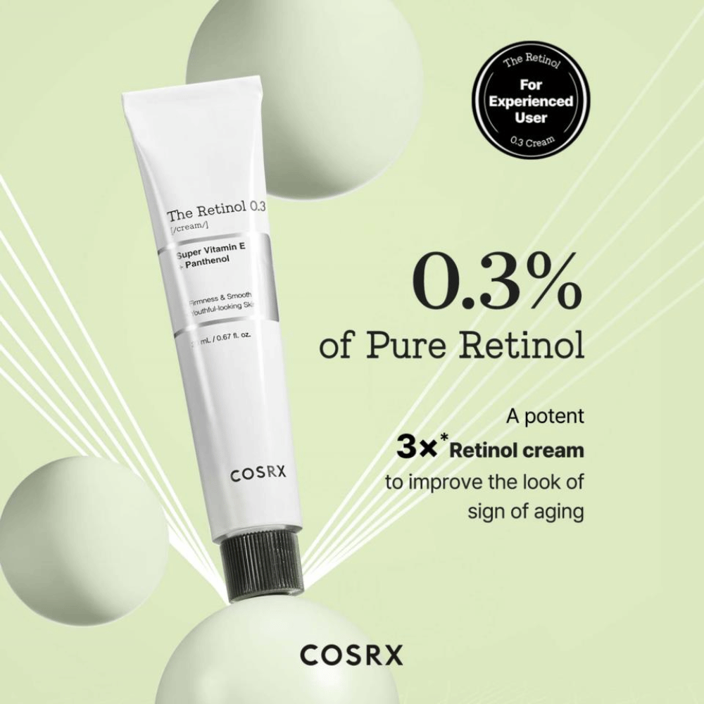 COSRX The Retinol 0.3 Cream sisältää 0,3% puhdasta retinolia parantaakseen tehokkaasti ihon kiinteyttä ja tasoittaakseen hienoja juonteita. Rikastettu super E-vitamiinilla ja pantenolilla, se antaa kosteutta ja ravintoa iholle. Ihanteellinen kokeneille käyttäjille, tämä on voimakas voide, joka taistelee ikääntymisen merkkejä vastaan ja antaa nuorekkaan hehkun.