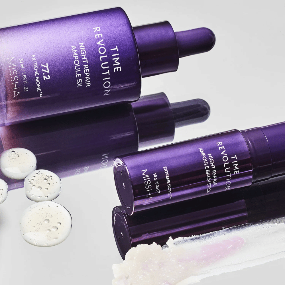 1. MISSHA Time Revolution Night Repair Ampoule 5X 50 ml – yöampulli, jossa on 77,2 % Extreme Biome Complexia violetissa pipettipullossa