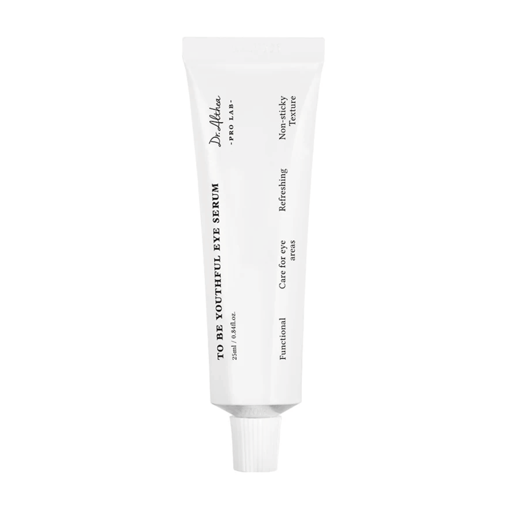 Kuva Dr. Althean "To Be Youthful Eye Serum" valkoisessa tuubissa. Tuote on tarkoitettu silmänympärysalueen hoitoon ei-tahmaisella ja virkistävällä koostumuksella. Se sisältää ainesosia, jotka vähentävät ja estävät ryppyjä sekä hienoja juonteita silmien ympärillä.