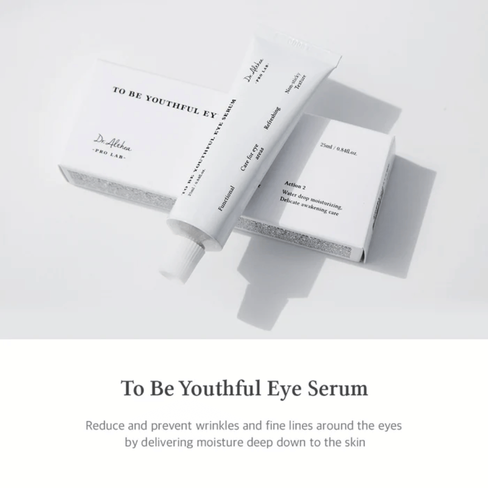 Kuva Dr. Althean "To Be Youthful Eye Serum" valkoisella tuubilla ja pakkauksella. Tuotteen tarkoitus on vähentää ja estää ryppyjä ja hienoja juonteita silmien ympärillä toimittamalla kosteutta syvälle ihoon. Teksti kuvaa tuotteen ominaisuuksia ja etuja, mukaan lukien kosteuttavat ja virkistävät ominaisuudet.