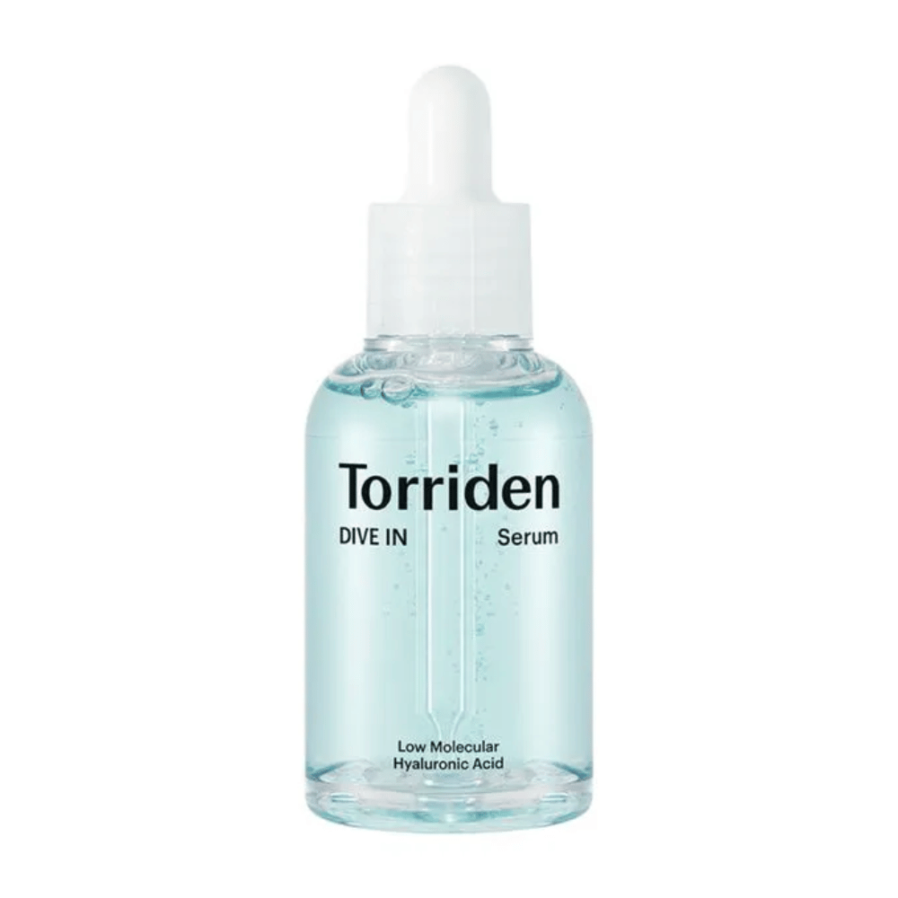Pulloa Torriden DIVE-IN Low Molecule Hyaluronic Acid Serum 50ml kosteutukseen, valkoisella taustalla.