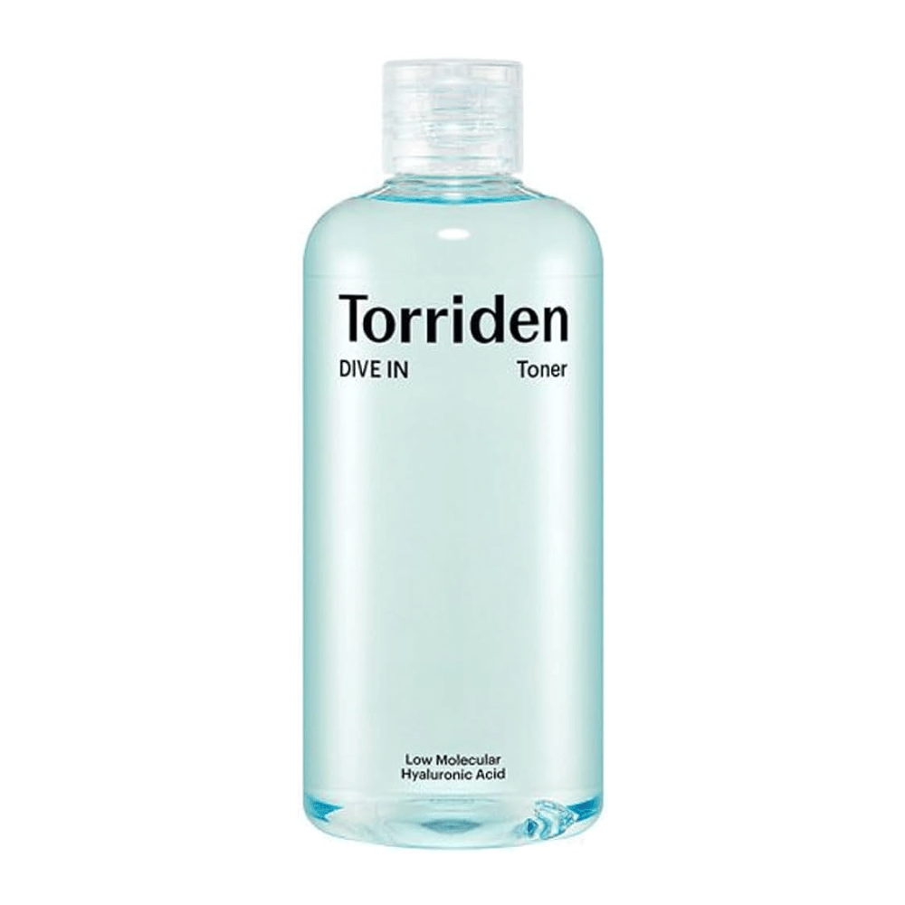 Pullo Torriden DIVE-IN Low Molecule Hyaluronic Acid Toner 300ml, asetettu koskemattomalle valkoiselle taustalle.