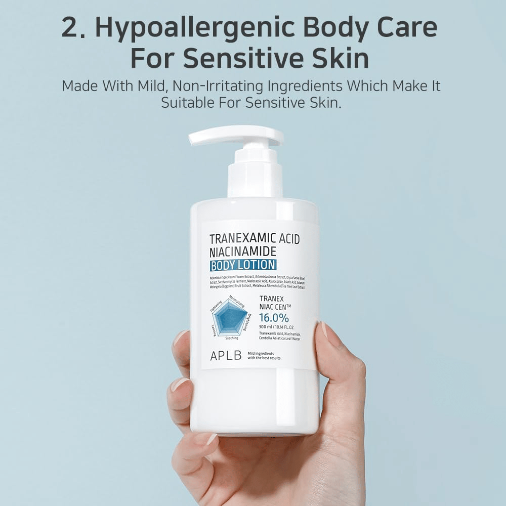 Tuotekuva, joka esittelee APLB Tranexamic Acid Niacinamide Body Lotion -tuotteen keskittyen herkälle iholle tarkoitettuun hypoallergeeniseen vartalonhoitoon. Kuva korostaa mietoja ja hellävaraisia ainesosia, jotka sopivat kuivalle ja herkälle iholle.