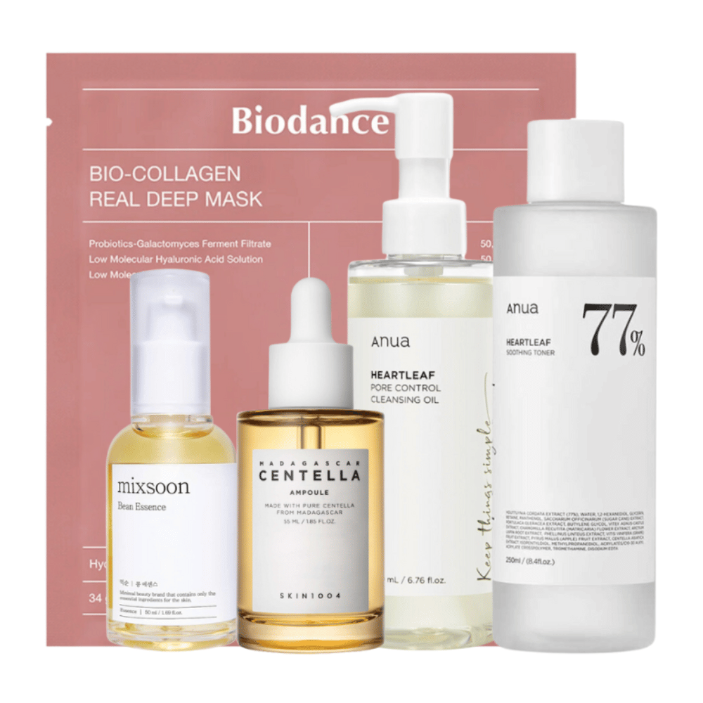 Setti "Trending K-Beauty Must-Haves" sisältää Anua Heartleaf Pore Control Cleansing Oil, Heartleaf 77% Soothing Toner, Skin1004 Madagascar Centella Ampoule, ja Mixsoon Bean Essence yhdessä Bio-Collagen Real Deep Mask kanssa Biodance. Nämä tuotteet on huolellisesti valittu tarjoamaan syväpuhdistusta, intensiivistä kosteutusta ja rauhoittavia vaikutuksia iholle, mikä tekee niistä olennaisia tuotteita kattavaan ihonhoitorutiiniin.