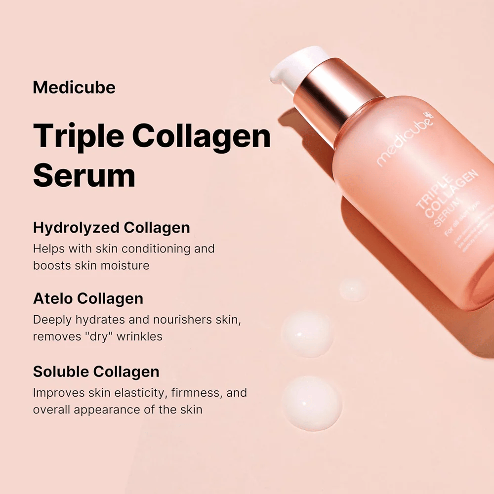 Mainoskuva Medicube Triple Collagen Serum, joka selittää sen kolmen tyyppisen kollageenin edut ihonhoidossa. Tuote esitetään vaaleanpunaisessa pullossa vastaavaa taustaa vasten.