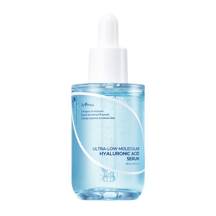 Isntree Ultra-Low Molecular Hyaluronic Acid Serum 50 ml, helposti imeytyvä kasvojen seerumi, jossa on erittäin pieni molekyylihyaluronihappo intensiiviseen ja syvään kosteutukseen.