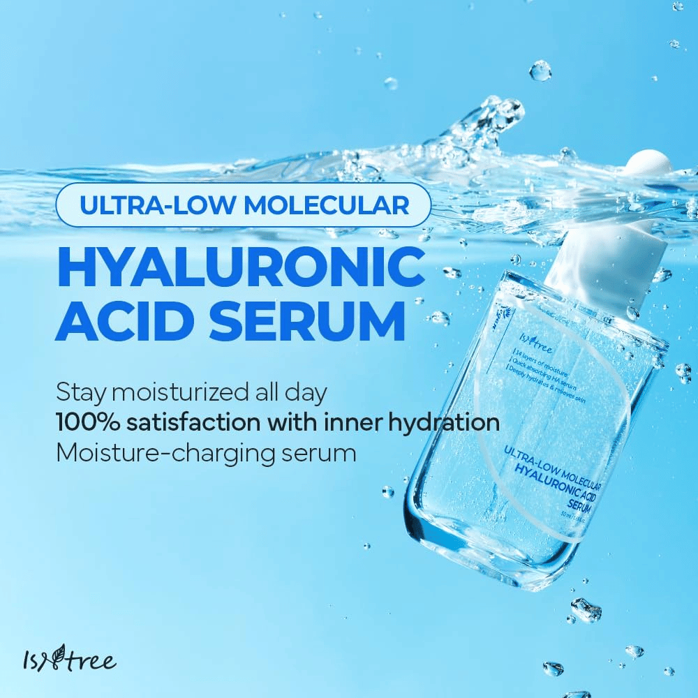Isntree Ultra-Low Molecular Hyaluronic Acid Serum vesimiljöössä, kosteuttava hyaluronihapposeerumi, joka antaa täyteläisen ihon, lisää hehkua ja pitkäkestoista kosteustasapainoa.