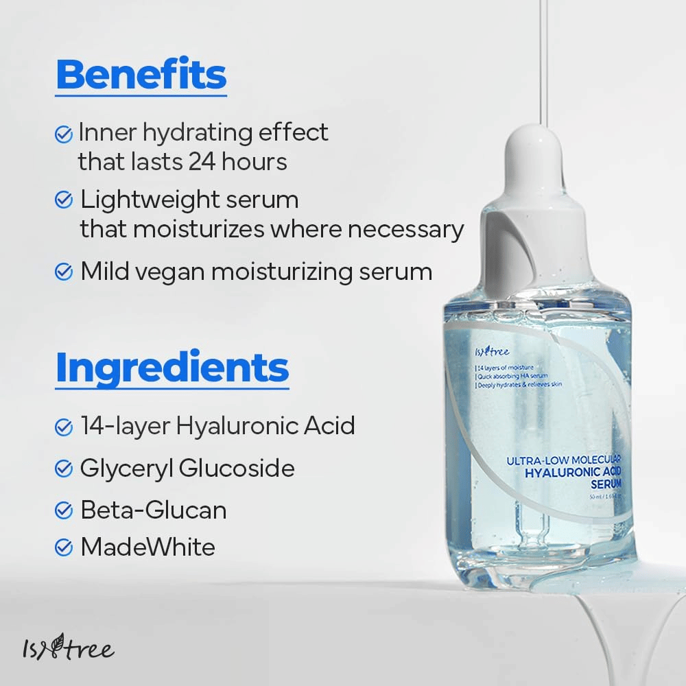 Isntree Ultra-Low Molecular Hyaluronic Acid Serum jossa on kevyt, vegaaninen koostumus, joka kosteuttaa jopa 24 tuntia ja sopii kuivalle, herkälle ja kosteutta kaipaavalle iholle.