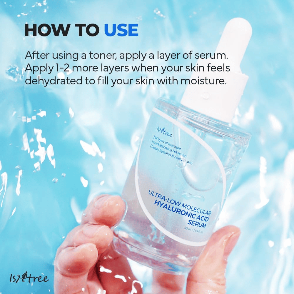 Isntree Ultra-Low Molecular Hyaluronic Acid Serum joka levitetään tonerin jälkeen intensiiviseen kosteutukseen, kuvattu kädessä vesiroiskeilla, kevyt seerumi kuivalle ja kosteutta kaipaavalle iholle.